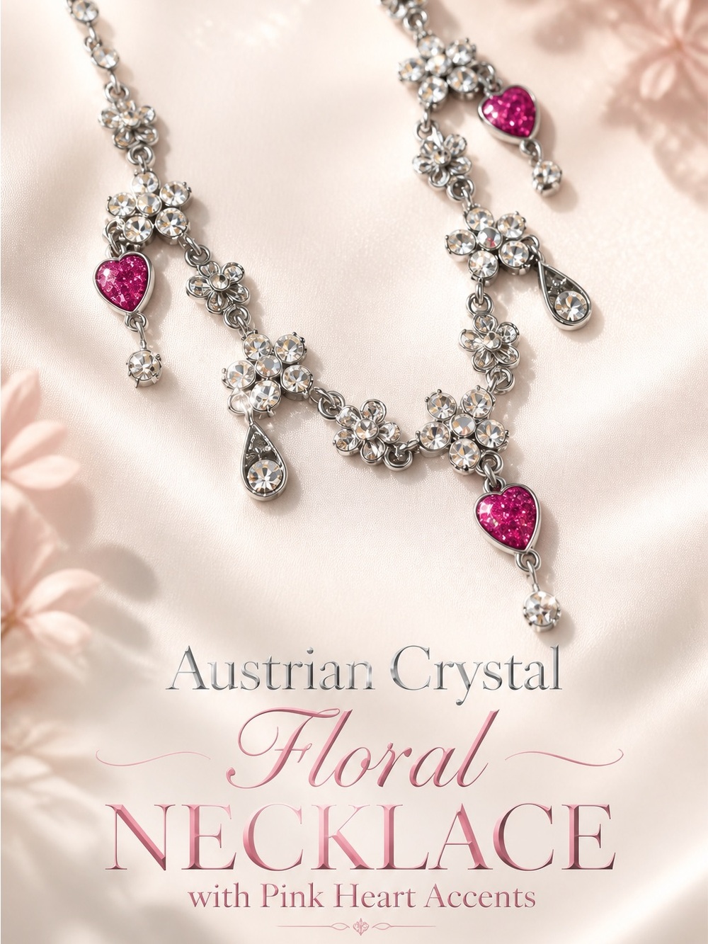 Austrian Crystal Floral Necklace with Pink Heart Accents